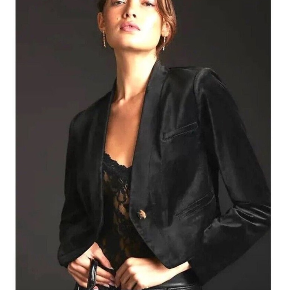 Anthropologie Velvet Tuxedo Jacket Cropped Blazer Black Cotton Blend Size 10 NEW